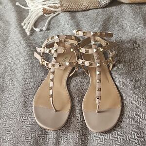 Valentino Garavani Nude Studded T-Strap Sandals with Ankle Straps